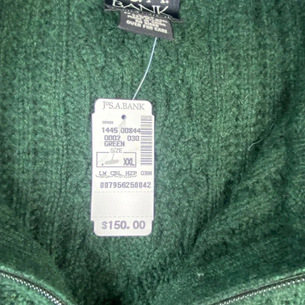 Jos A Bank Executive Collection Green Lambswool Cable Knit 1/4 Zip Sweater XXL